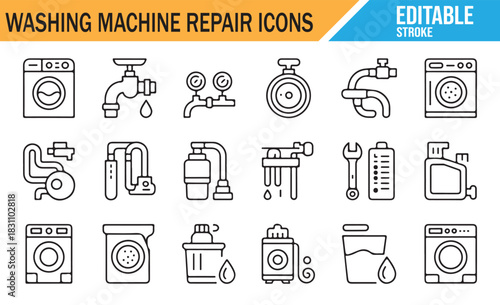 Laundry Appliance Repair and Plumbing Outline Icons Collection