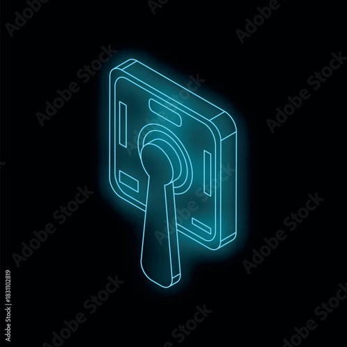 Neon blue door handle glowing on a black background, representing security, access, privacy, and interior design
