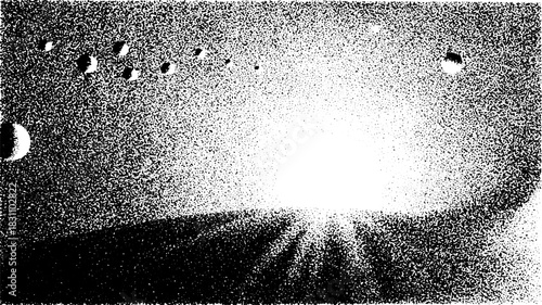 Space scene featuring planets and a bright sun on the horizon. Digital vector illustration in a monochrome, abstract style.