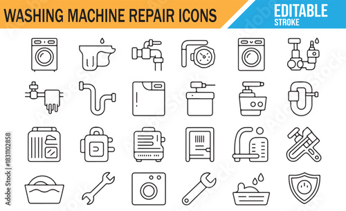 Washing Machine Repair Editable Line Icons Set for Service and Maintenance