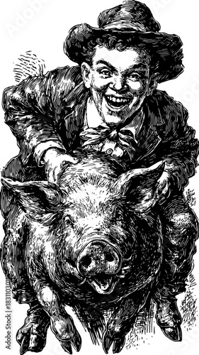 Engraved vector illustration of a man in a hat riding a pig. The vintage black and white graphic captures a cheerful character in a humorous set.