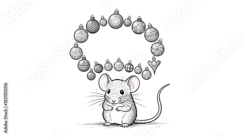 Mouse and Ornament Display: A charming illustration depicts a sweet mouse gazing upwards, surrounded by a delicate arrangement of festive ornaments. The scene evokes a sense of playful holiday cheer.