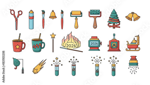 Artistic Collection: A curated ensemble of artistic tools and festive icons is artfully presented, inviting creativity and holiday cheer.
