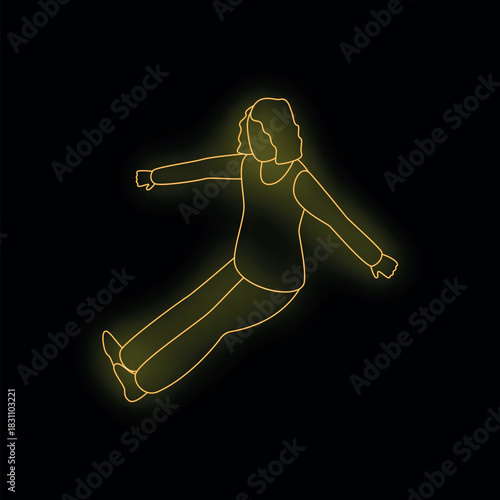 Neon yellow glowing lines depict a woman floating with open arms, creating a sense of freedom and weightlessness against a dark backdrop