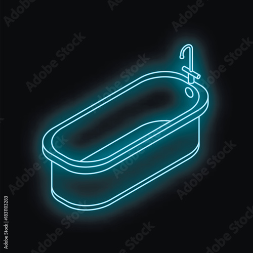 Glowing neon bathtub with faucet on black background, isometric projection
