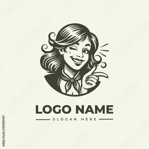 Charming retro winking woman vector logo illustration in an elegant engraving style, ideal for vintage-inspired branding and classic designs