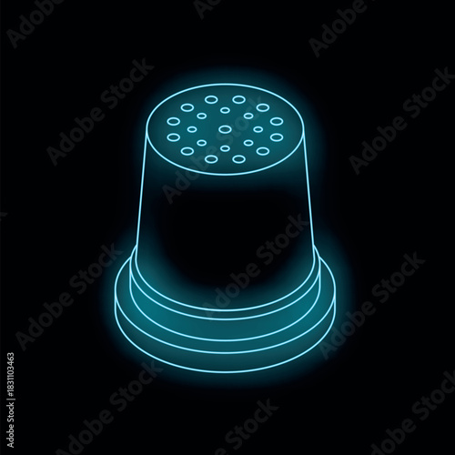 Glowing neon blue salt shaker on a black background, simple kitchen utensil icon
