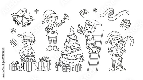 Christmas Elf Illustration: A heartwarming illustration of festive elves, busy with gift wrapping, tree decorating, and sweet candy cane preparations, embodies the spirit of Christmas.