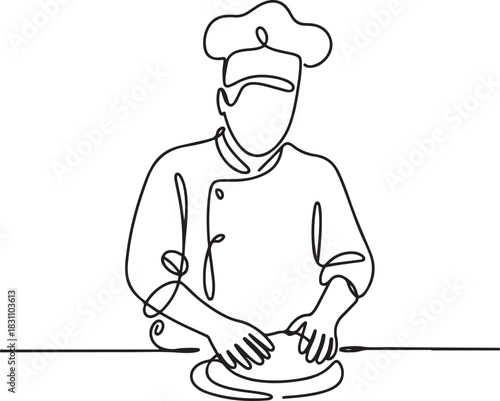 Continuous Line Art Illustration of Chef Kneading Dough on Table Cozy Culinary Minimal Style