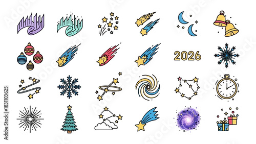 Cosmic Holiday Collection: A vibrant assortment of celestial and festive icons, featuring shooting stars, Christmas elements and night-sky scenes perfect for holiday design. 