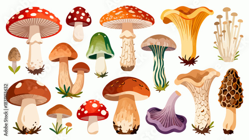 This vibrant illustration displays a diverse collection of colorful mushrooms (including spotty, chanterelle, and morel varieties) in various sizes and hues