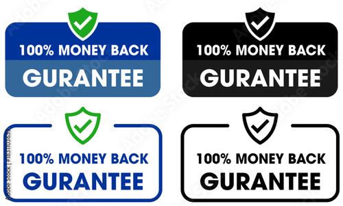 100% money back guarantee vector icon set with tick mark, blue, green and black color.