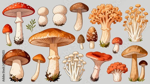 This vibrant illustration displays a diverse collection of colorful mushrooms (including spotty, chanterelle, and morel varieties) in various sizes and hues