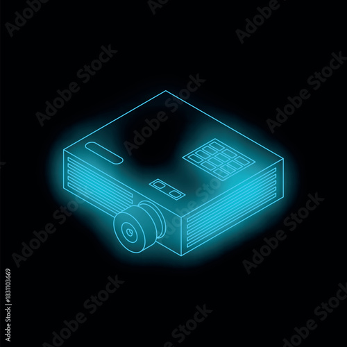 Neon blue isometric video projector illuminating a business meeting with a black background