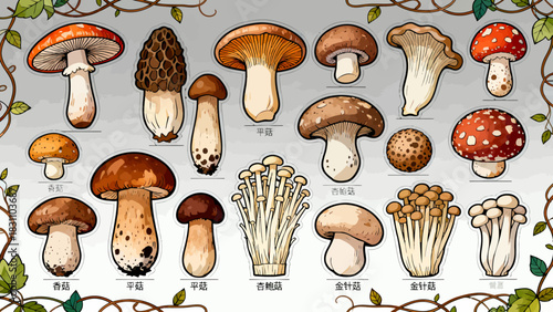 This vibrant illustration displays a diverse collection of colorful mushrooms (including spotty, chanterelle, and morel varieties) in various sizes and hues