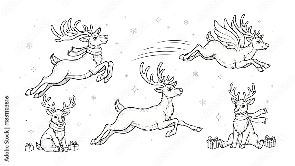 Obraz premium Whimsical Deer Imagery: Enchanting illustrations of deer, each with its unique charm. one with wings, scarves, and gifts. Embrace the festive joy with this collection.