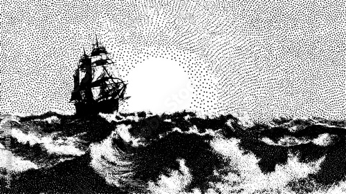 Vintage ship sailing on the ocean against a detailed sun backdrop. Vector black outline illustration features classic maritime aesthetics.