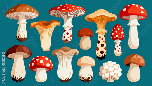 This vibrant illustration displays a diverse collection of colorful mushrooms (including spotty, chanterelle, and morel varieties) in various sizes and hues