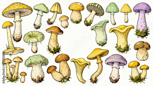 This vibrant illustration displays a diverse collection of colorful mushrooms (including spotty, chanterelle, and morel varieties) in various sizes and hues