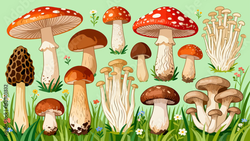 This vibrant illustration displays a diverse collection of colorful mushrooms (including spotty, chanterelle, and morel varieties) in various sizes and hues