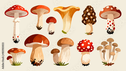 This vibrant illustration displays a diverse collection of colorful mushrooms (including spotty, chanterelle, and morel varieties) in various sizes and hues