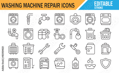 Editable Stroke Washing Machine Repair Line Icons Set with Plumbing, Tools, Pipes, Maintenance, Service and Laundry Appliance Symbols for Technical, Web and App Design