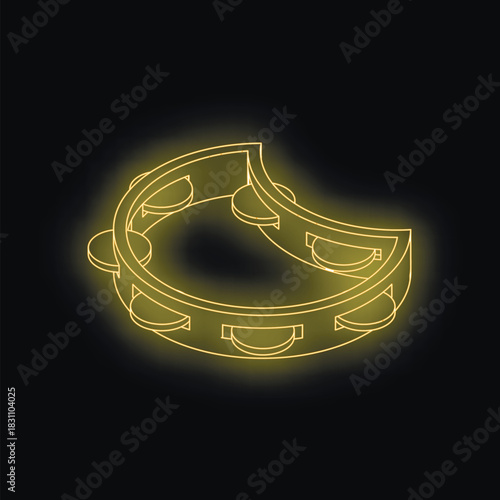 Golden glowing neon tambourine on a dark background representing music, rhythm, and percussion instruments