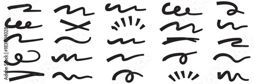 Underline Vector Set Hand-Drawn Brush Strokes and Vintage Dividers. Calligraphic Underline and Border Vector. Black Brushstroke Underlines and Swirl Dividers. Eps 10. Black marker and brush stroke set