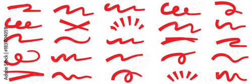 Abstract Red hand drawn lines and scribbles on white background by marker or pen. Doodle chalk style design elements for highlights, text dividers, frames, or decorative purposes. Minimalist sketchy.E