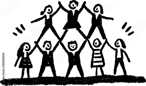 Silhouette of a group cheering together. Hand-drawn vector illustration showcasing a united performance in a dynamic set.