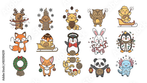 Whimsical Animal Collection: A delightful collection of charming animal illustrations, each portraying a unique and festive character, ready to bring joy and color to any project.