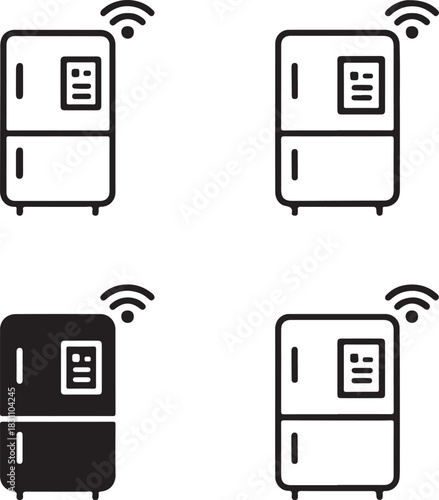 Isolated Smart Fridge Icon, smart fridge symbol, intelligent refrigerator interface icon, black minimal fridge design, smart home fridge for buyers, clean vector for kitchen technology use