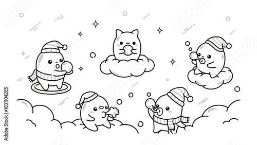 Playful Winter Characters: A delightful collection of charming cartoon characters engage in a whimsical winter scene, showcasing the pure joy and innocence of the season. 