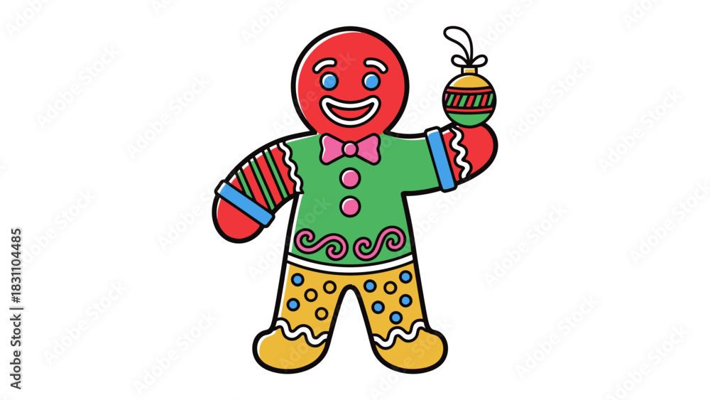 Obraz premium Festive Gingerbread Ornament: A cheerful gingerbread man dressed for holiday, holding a Christmas ornament.