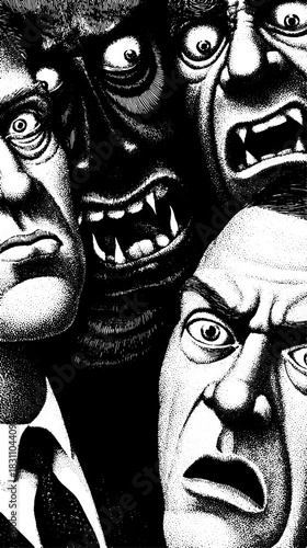 Engraving illustration featuring dynamic, expressive characters with intense reactions. Vintage black and white vector art highlights emotion and narrative.