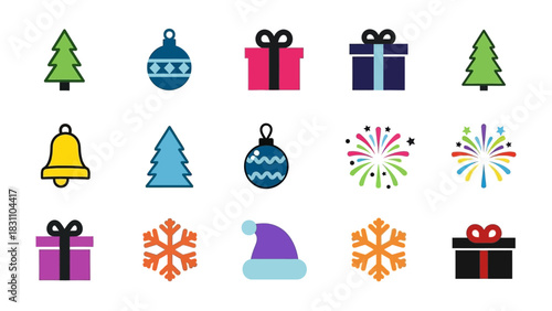 Festive Cheer: A collection of vibrant icons, including gift boxes, a Christmas tree, bells and snowflake, bringing the spirit of celebration and joy of holiday season.