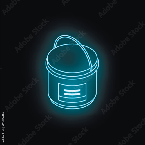 Neon blue isometric paint bucket glowing on dark background, perfect for design projects related to renovation, diy, and home improvement