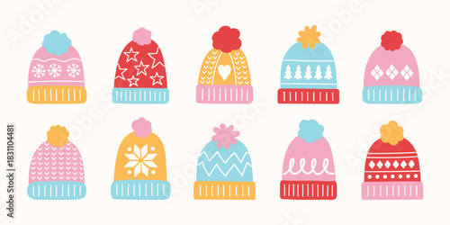Colourful cartoon winter hat set. Christmas elements. Vector illustration