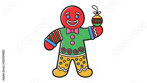 Festive Gingerbread Ornament: A cheerful gingerbread man dressed for holiday, holding a Christmas ornament.