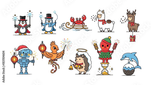 Festive Illustration Collection: A vibrant assortment of cute creatures, each adorned with celebratory accessories and brimming with holiday cheer, brings a touch of whimsy and delight.