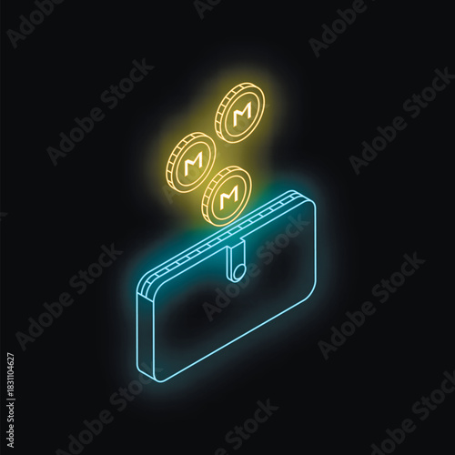 Glowing neon wallet receiving cryptocurrency coins on a dark background, representing digital finance