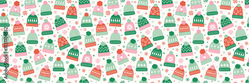 Seamless pattern with cute cartoon winter hats. Christmas background design. Banner. Vector illustration