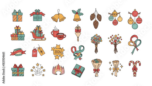 Festive Christmas Embellishments: An array of colorful Christmas icons and design elements including gift boxes, bells, ornaments, ribbons, and more, ideal for holiday-themed design.