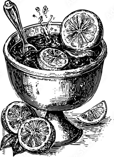 Lemonade drink in a vintage bowl with lemon slices and a spoon. Black and white outline vector illustration featuring refreshing citrus mix.