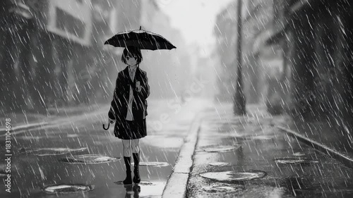 Rainy Day Stroll - A Solitary Figure Under an Umbrella.