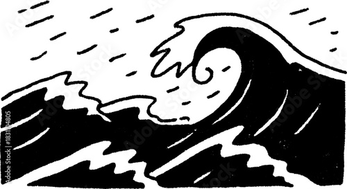 Stylized wave silhouette in black line drawing. This hand-drawn vector illustration captures the ocean's movement in a minimalist style.