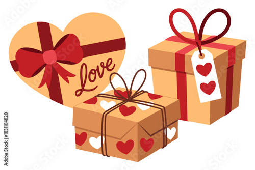 Three gift boxes decorated with hearts and ribbons, with one box saying "love".