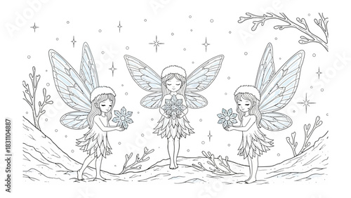 Enchanting Fairy Trio: Three graceful fairies, adorned with delicate wings and ethereal outfits, gather in a mystical, wintery wonderland, holding glittering snowflakes.