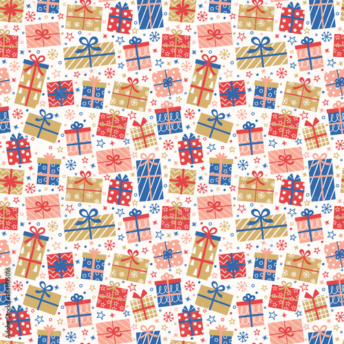 Colourful seamless pattern with cute hand drawn presents. Christmas background concept. Banner. Vector illustration