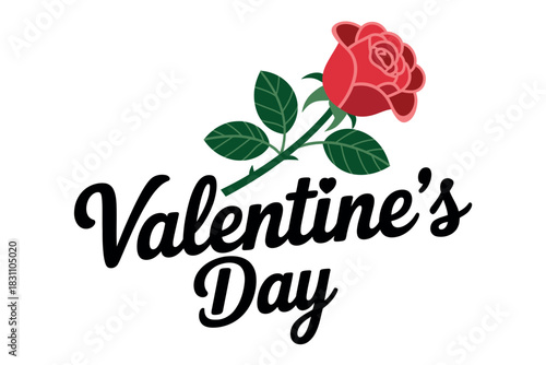 A red rose is depicted with the words Valentine's Day below it on a white background.